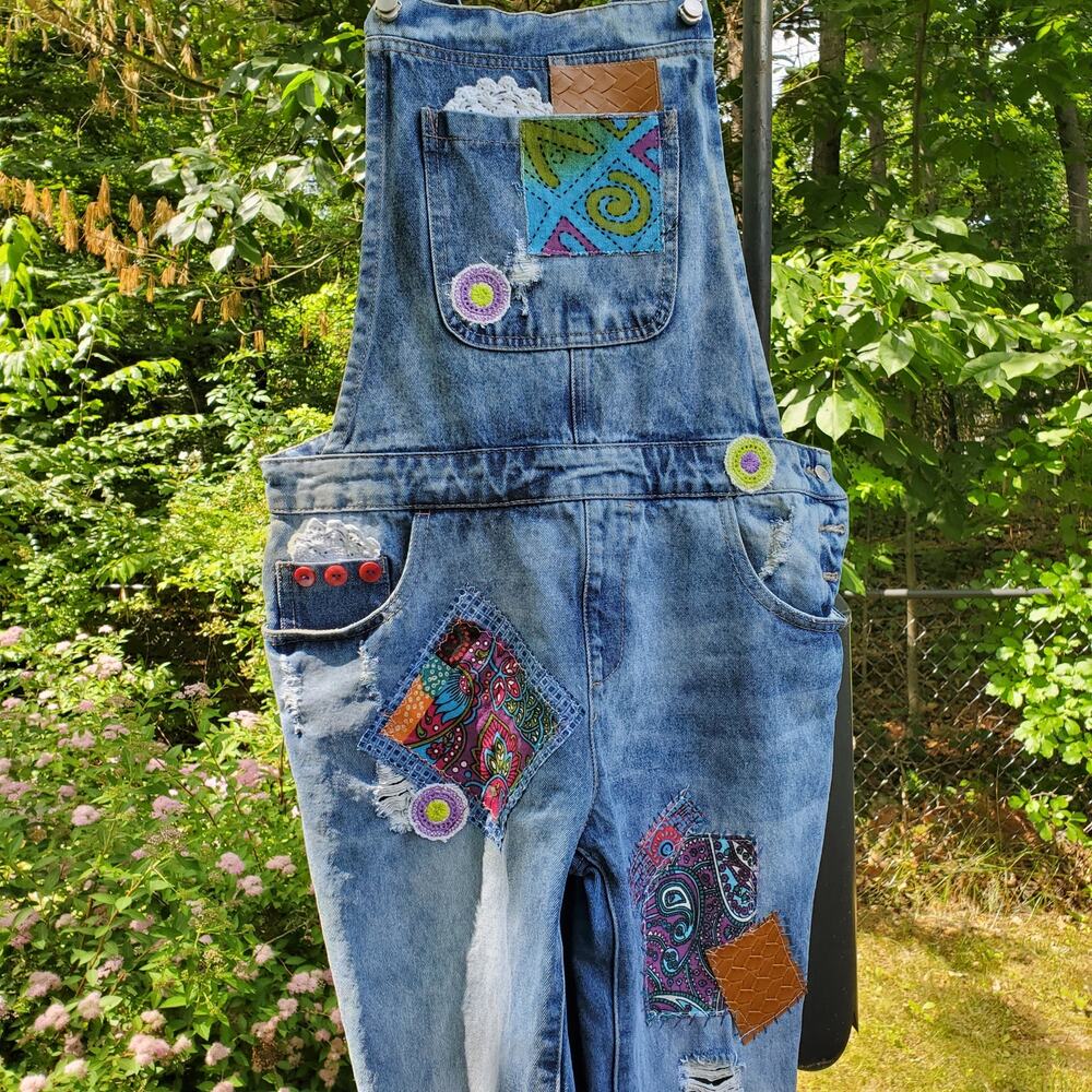 Refashioned Upcycled Patched and Distressed Boho‎ Overalls Handmade SzMed - Picture 2 of 13